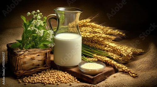 A rustic arrangement of soy milk, grains, and fresh greens on a wooden table, evoking nature's bounty and healthful living.