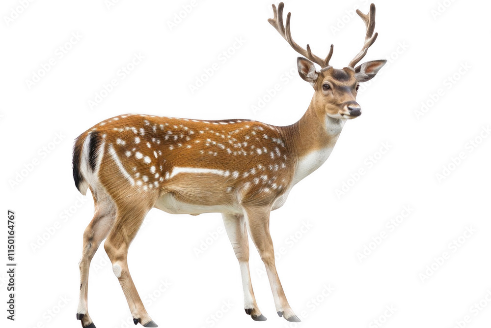 Obraz premium Axis Deer Stands Alert with Antlers Majestic Wildlife Animal, Ungulate with Spotted Coat on Dark Background.