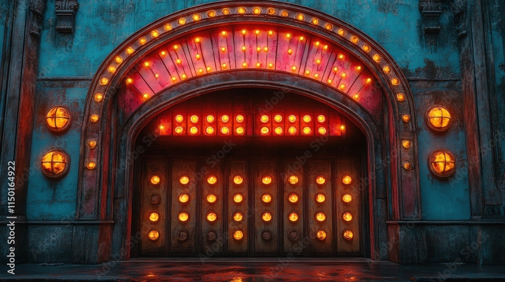 Obraz premium Glowing lights adorn weathered, arched doorway.