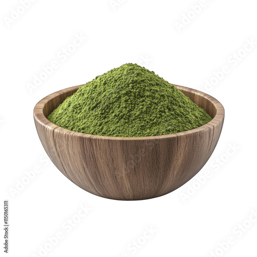 Wooden Bowl Filled with Green Matcha Powder Isolated on White Background