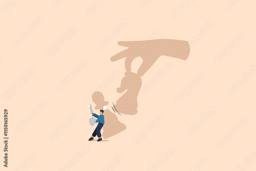 Facing Business Challenges. A Businessman with Sword and Shield Hiding Behind a Pawn, While a Giant Hand Holds a Chess Knight Facing Business Challenges. A Businessman with Sword and Shield Hiding Behind a Pawn, While a Giant Hand Holds a Chess Knight