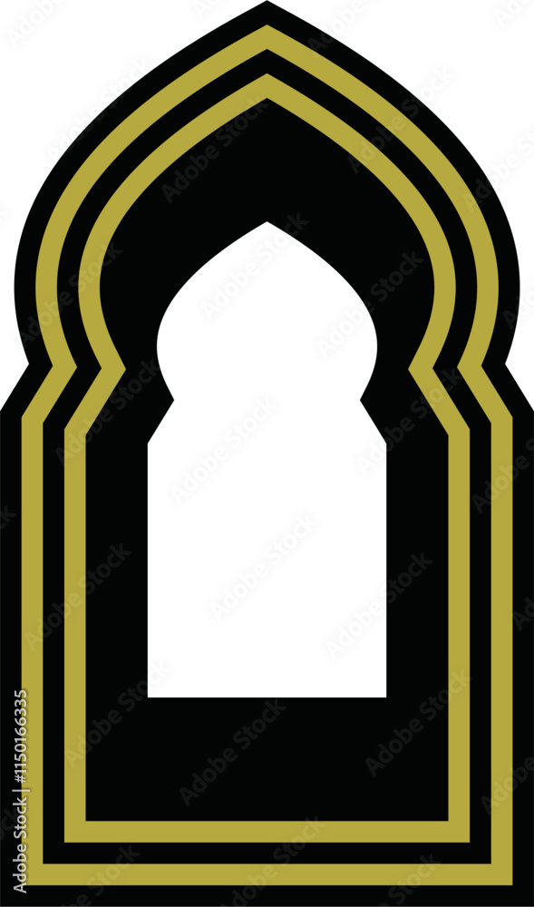 Fototapeta premium Traditional islamic window shapes in oriental style. Set of black silhouette eid mubarak decorative arches, mosque borders or moroccan gates. Arabic muslim architecture design elements, ramadan frames