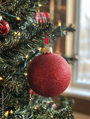 Red Christmas bauble hanging on pine branches. Closeup view of beautiful Christmas ornament ball and Christmas tree. Christmass card background. AI-generated
