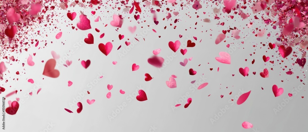 Pink and red heart confetti falling on a light grey background. Pink and red heart confetti falling on a light grey background.