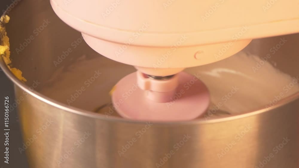 The activity of making dough using an automatic mixer to stir the cake dough so that it is evenly distributed.