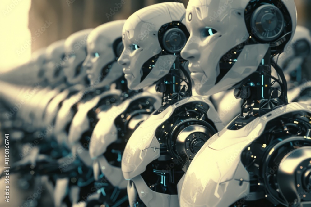 Fototapeta premium A row of robots with blue eyes and white bodies