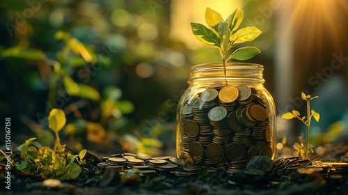 Money Savings Jar with Coins and Growing Plant Symbolizing Sustainable Financial Planning and Eco Investment  photo