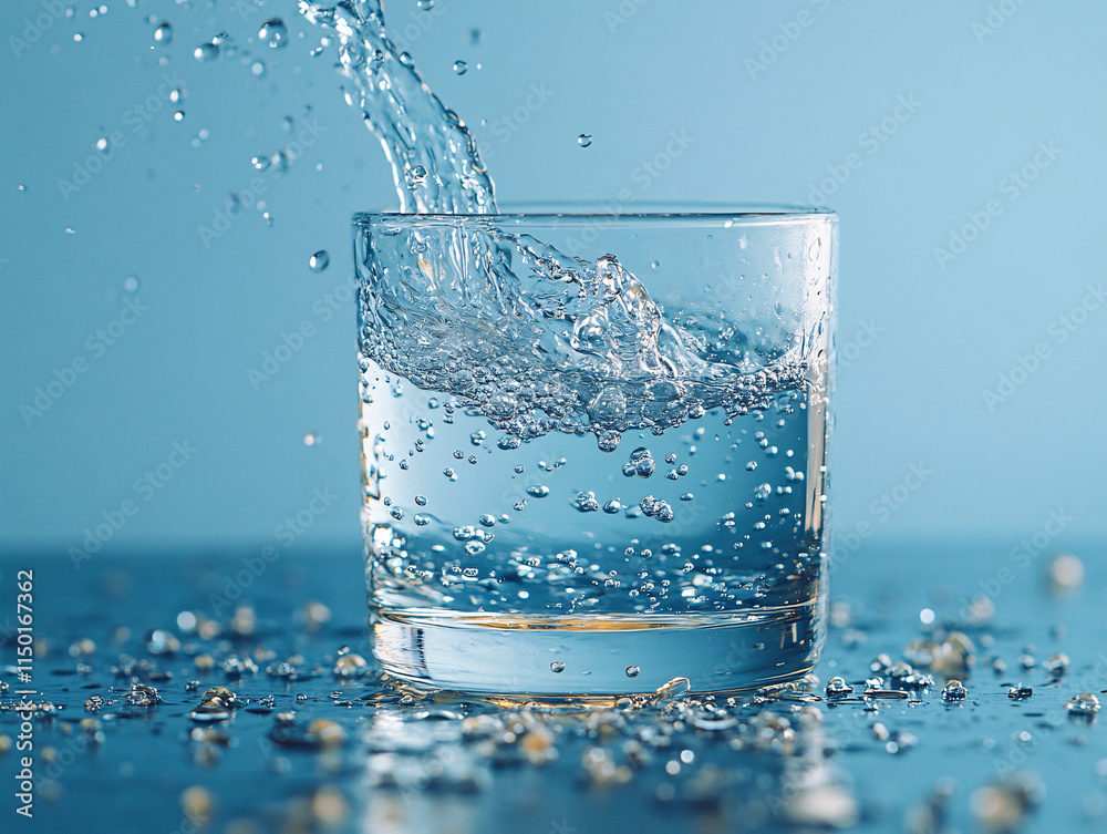a glass of water with water being poured into it, creating a splash and bubbles. The background is a solid light blue color. a glass of water with water being poured into it, creating a splash and bubbles. The background is a solid light blue color.