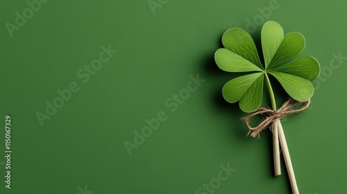 A vibrant green background features a four-leaf clover tied with twine, symbolizing luck and prosperity. photo