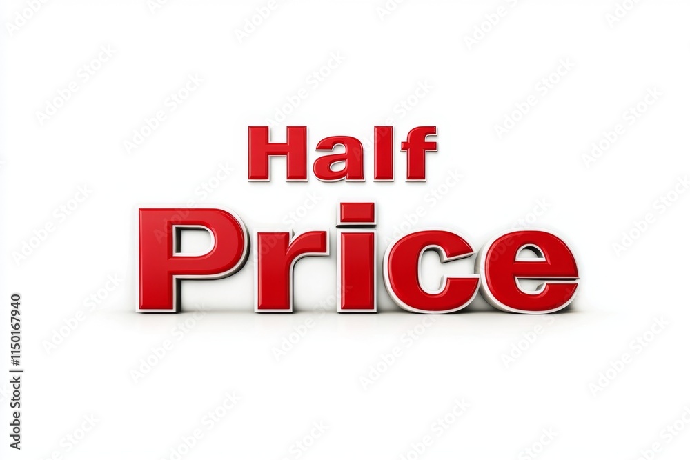 Half Price Sale Announcement with Bold Red Lettering on White Background - Perfect for Retail Promotions, Discounts, and Special Offers in Modern Marketing Campaigns Half Price Sale Announcement with Bold Red Lettering on White Background - Perfect for Retail Promotions, Discounts, and Special Offers in Modern Marketing Campaigns