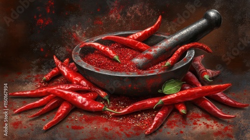 Fresh red chili peppers with stone mortar and pestle. Aromatic spices highlight vibrant culinary ingredients for authentic cooking experiences.