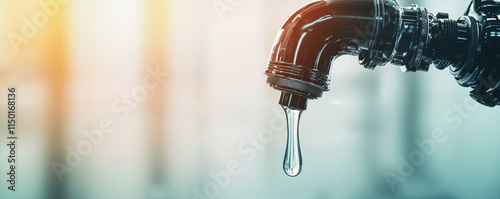 AI Concept Water Resource Management Technology. A close-up of a dripping faucet with a blurred background, capturing the moment water drops form and fall.