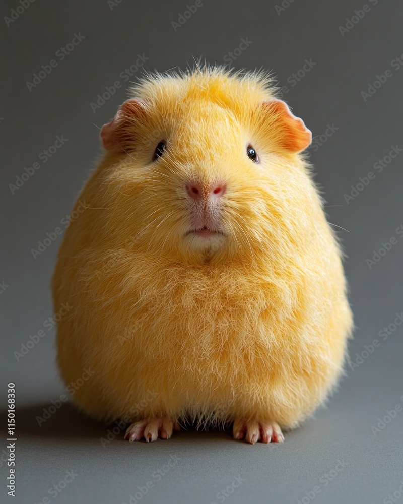 A fluffy yellow guinea pig sits upright against a gray background. A fluffy yellow guinea pig sits upright against a gray background.