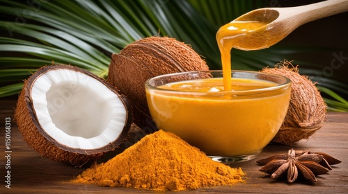 Golden liquid with coconuts and turmeric powder on a wooden table, evoking a tropical and healthful essence, surrounded by green leaves.
