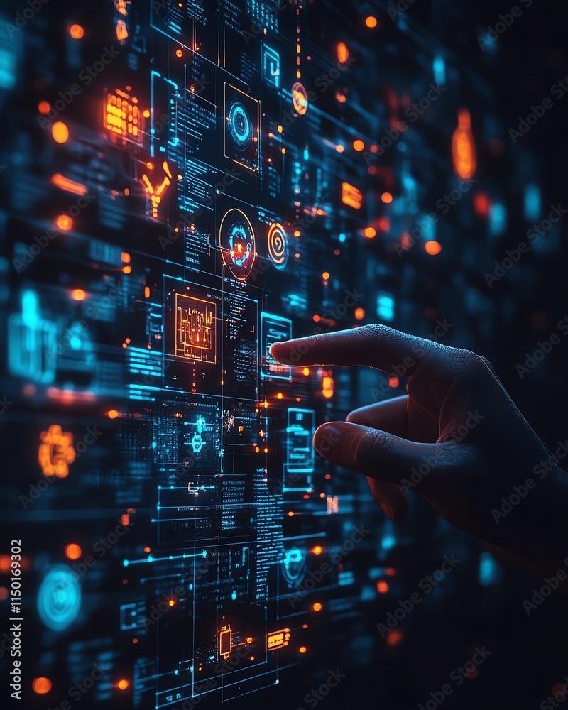 Creative individual visualizing technology concepts with floating icons and symbols, dark background, representing innovation, digital art, ultradetailed rendering Creative individual visualizing technology concepts with floating icons and symbols, dark background, representing innovation, digital art, ultradetailed rendering