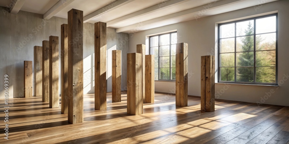 Fototapeta premium Modern Minimalist Interior Design with Wooden Pillars and Sunlight Streaming Through Large Window
