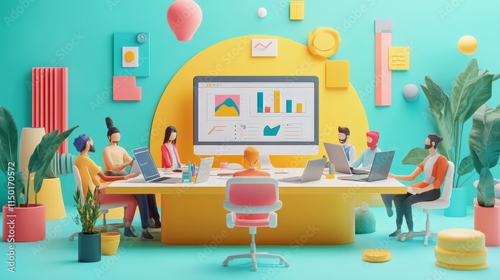 custom made wallpaper toronto digitalinnovation  design  disruption. A vibrant, modern office meeting scene featuring diverse individuals collaborating around a colorful table with digital presentations.