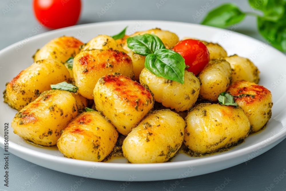 A clean, simple image of gnocchi and pesto sauce, plated on a white dish with no background distractions A clean, simple image of gnocchi and pesto sauce, plated on a white dish with no background distractions