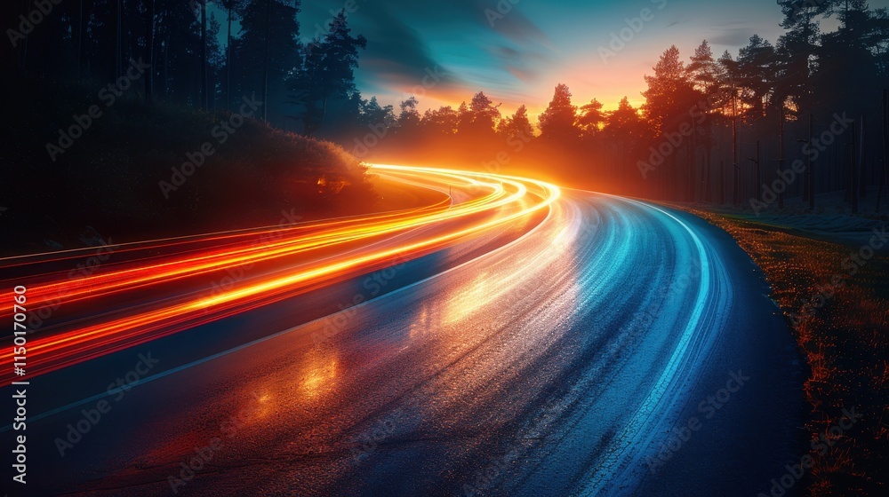 Obraz premium Night Drive, Forest Road, Light Trails 