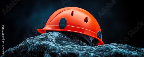 An orange climbing helmet rests on a rocky surface, highlighting its rugged design against a dark background. photo