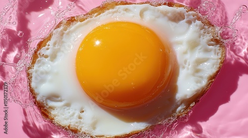 A vibrant fried egg with a perfectly cooked yolk, surrounded by splashes of water, set on a bold pink background, embodying freshness and culinary creativity. photo