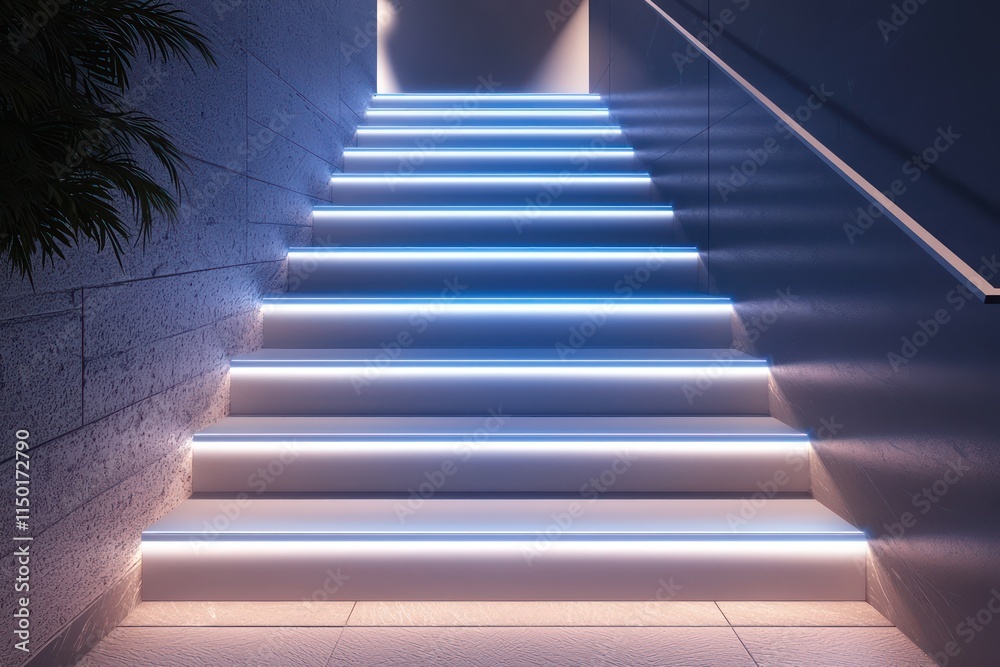 Fototapeta premium A modern staircase with soft blue LED strip lights along each step, casting a cool,