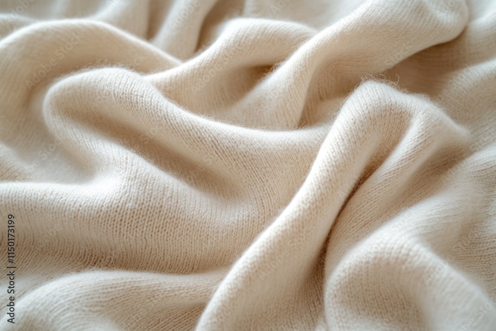 Soft, creamy beige knit fabric texture with gentle folds and waves. Soft, creamy beige knit fabric texture with gentle folds and waves.