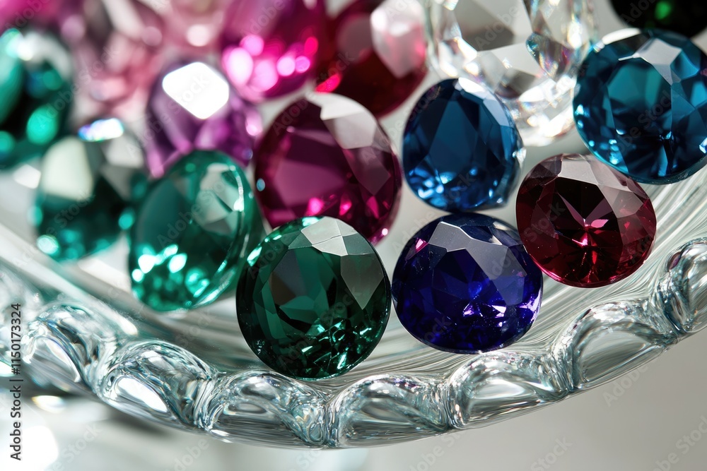 A close-up shot of colorful gemstones arranged in a glass bowl, showcasing their brilliance and facets. A close-up shot of colorful gemstones arranged in a glass bowl, showcasing their brilliance and facets.