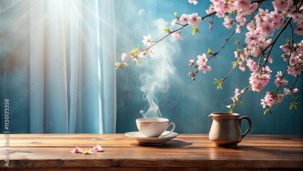 Fototapeta premium Serene morning steam rising from a warm beverage, delicate blossoms, sunlight through sheer curtains, wooden table