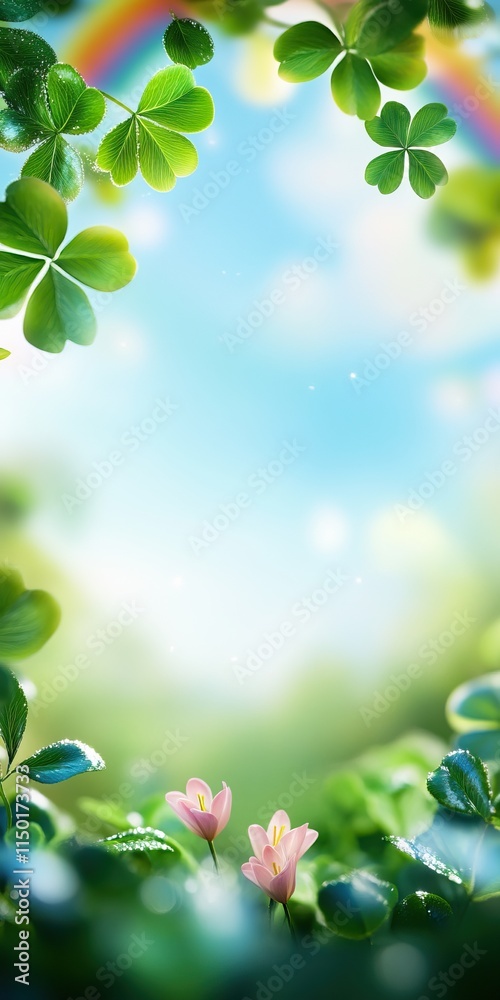 A vibrant, serene scene featuring lush green leaves and delicate flowers against a bright sky, framed by a subtle rainbow. A vibrant, serene scene featuring lush green leaves and delicate flowers against a bright sky, framed by a subtle rainbow.