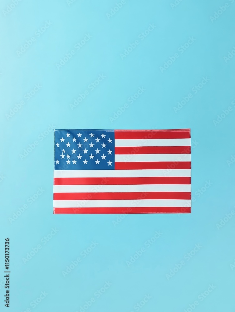American Flag on Blue Background - Patriotism, freedom, national pride, unity, and liberty symbolized by a small American flag against a light blue backdrop. American Flag on Blue Background - Patriotism, freedom, national pride, unity, and liberty symbolized by a small American flag against a light blue backdrop.