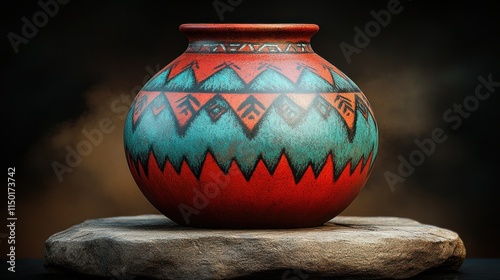 Ornate terracotta pot with tribal design sits on a stone pedestal. photo