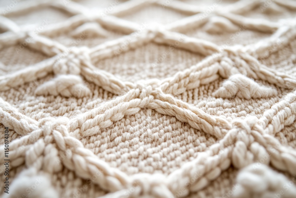 Close-up of creamy beige knitted fabric with textured diamond pattern and fluffy yarn. Close-up of creamy beige knitted fabric with textured diamond pattern and fluffy yarn.
