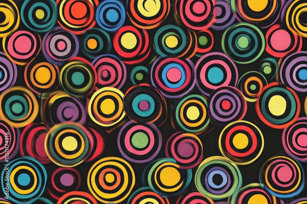 A bold pattern of concentric circles in bright colors on a dark background adding energy A bold pattern of concentric circles in bright colors on a dark background adding energy