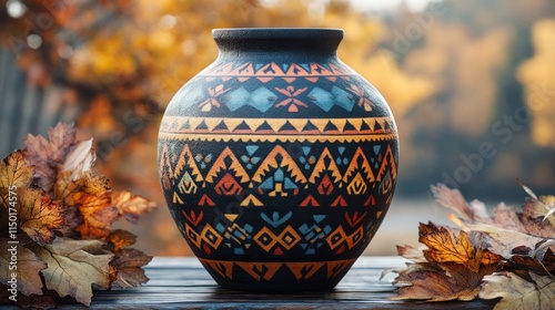 Ornate vase with autumn leaves. photo