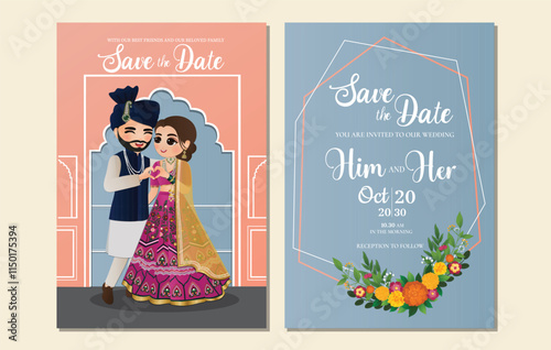  Wedding invitation card the bride and groom cute couple in traditional indian dress cartoon character