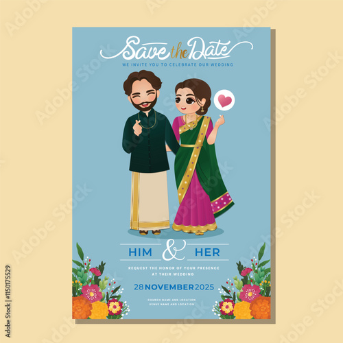  Wedding invitation card the bride and groom cute couple in traditional indian dress cartoon character