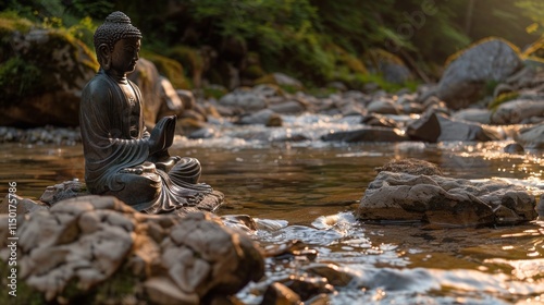 Bhumispara mudra, Buddha Gautama at the moment of enlightenment, statue in a mountain stream, Oytal Valley, Allgaeu, Bavaria, Germany, PublicGround photo