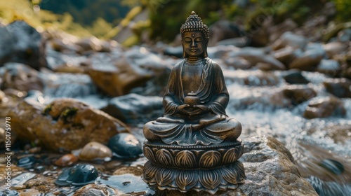 Bhumispara mudra, Buddha Gautama at the moment of enlightenment, statue in a mountain stream, Oytal Valley, Allgaeu, Bavaria, Germany, PublicGround