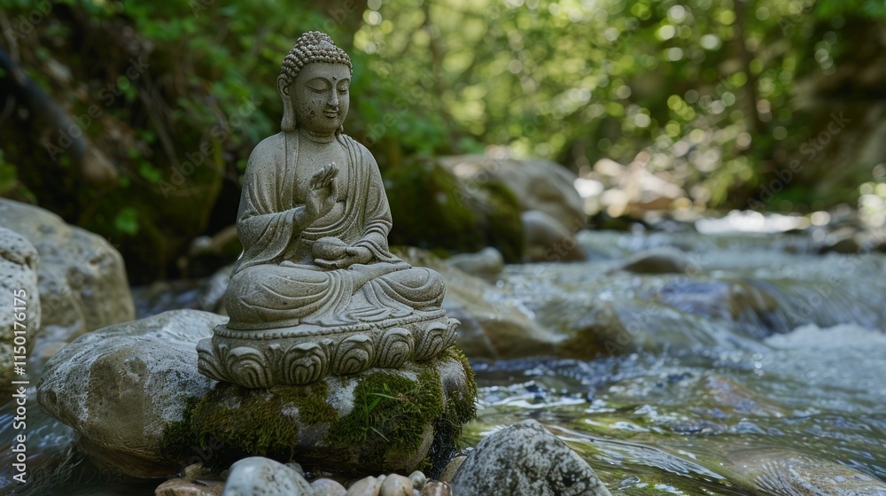 Bhumispara mudra, Buddha Gautama at the moment of enlightenment, statue in a mountain stream, Oytal Valley, Allgaeu, Bavaria, Germany, PublicGround Bhumispara mudra, Buddha Gautama at the moment of enlightenment, statue in a mountain stream, Oytal Valley, Allgaeu, Bavaria, Germany, PublicGround
