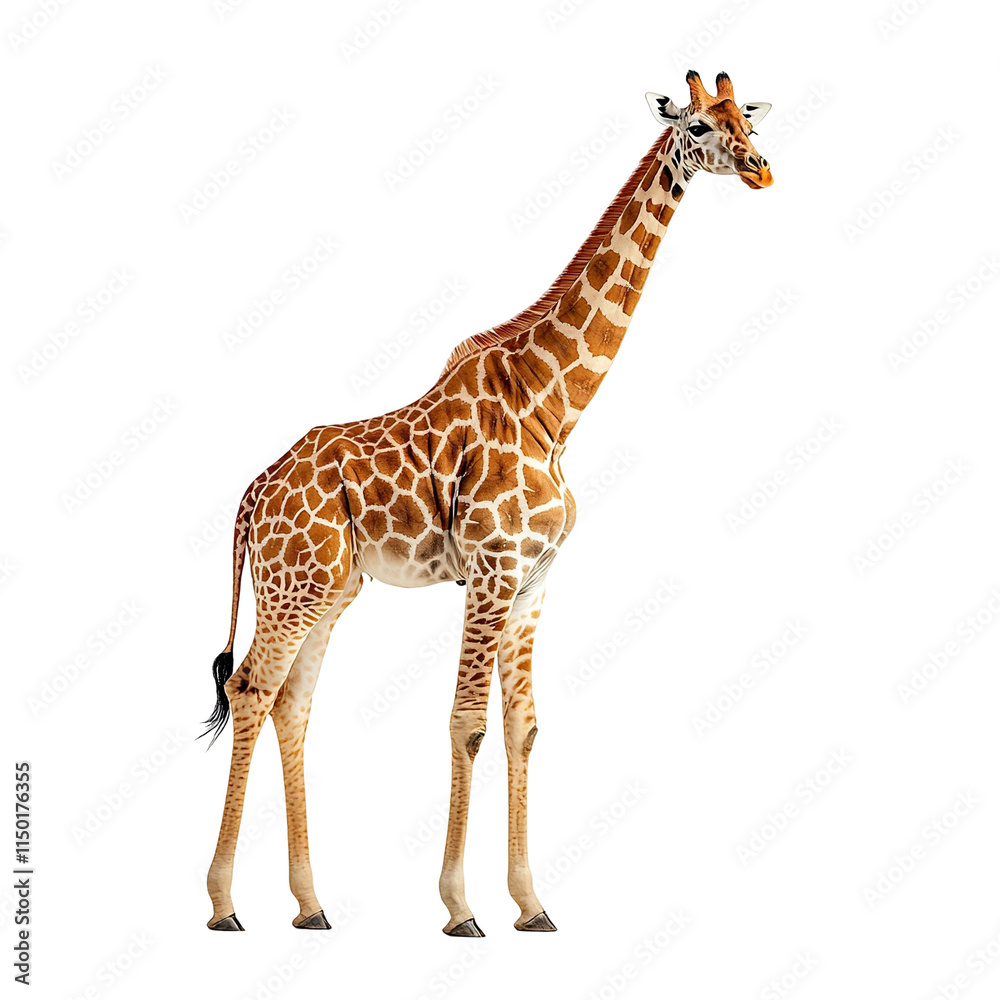 Angled view full body shot of an extremely perfect looking single Giraffe animal isolated on a white transparent background Angled view full body shot of an extremely perfect looking single Giraffe animal isolated on a white transparent background
