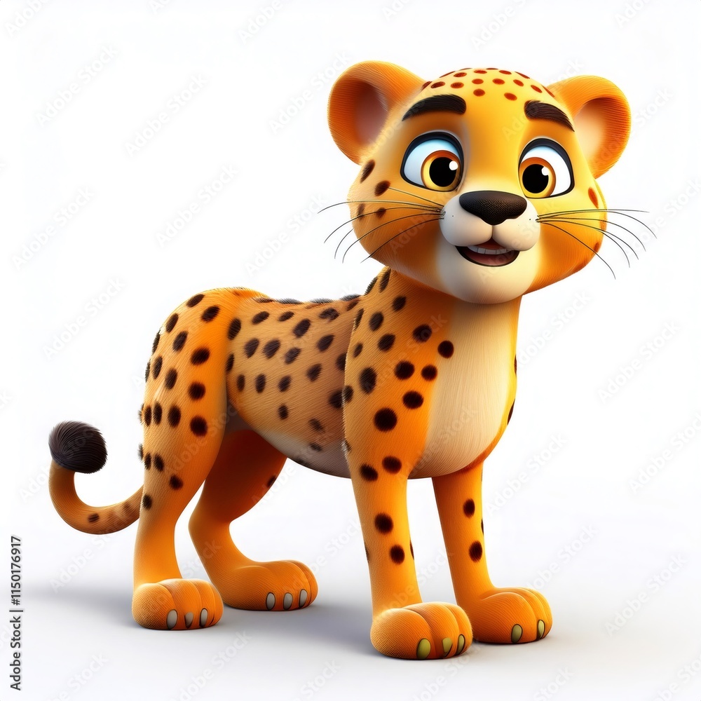 Cartoon cheetah standing on white, wearing curious expression, displaying spotted fur with playful demeanor Cartoon cheetah standing on white, wearing curious expression, displaying spotted fur with playful demeanor