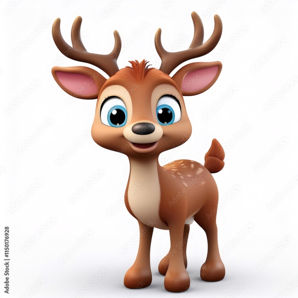 Obraz premium Cartoon 3d deer grinning, white isolated background, full depth rendering
