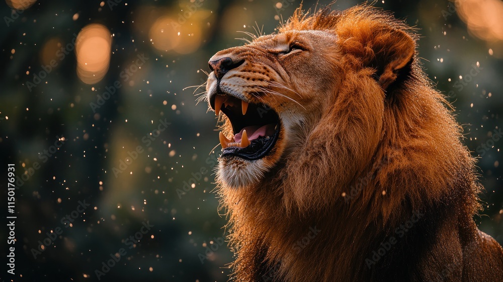 Majestic lion roaring, rain, golden light. Majestic lion roaring, rain, golden light.