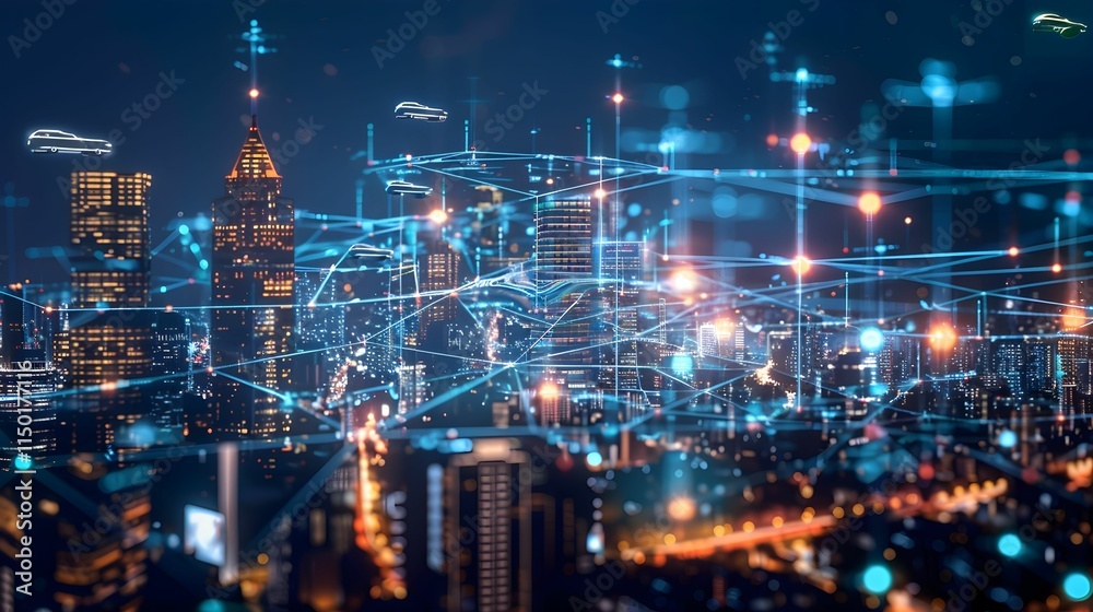 Obraz premium City skyline illuminated at night with digital network overlay