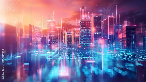 Wallpaper Mural Modern city skyline illuminated by colorful lights at sunset Torontodigital.ca