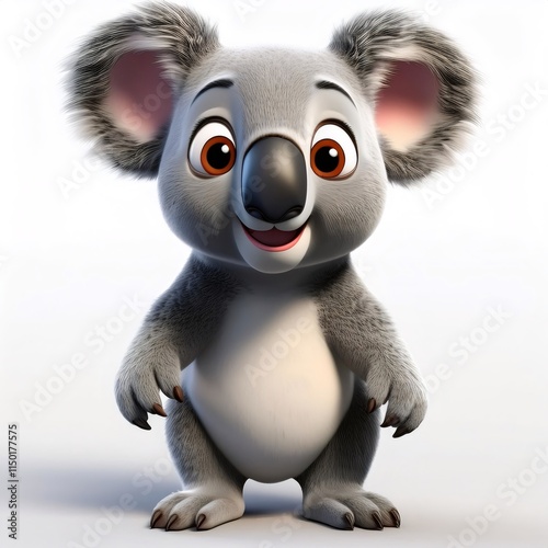 Playful cartoon koala standing against white backdrop, radiating cute character design photo