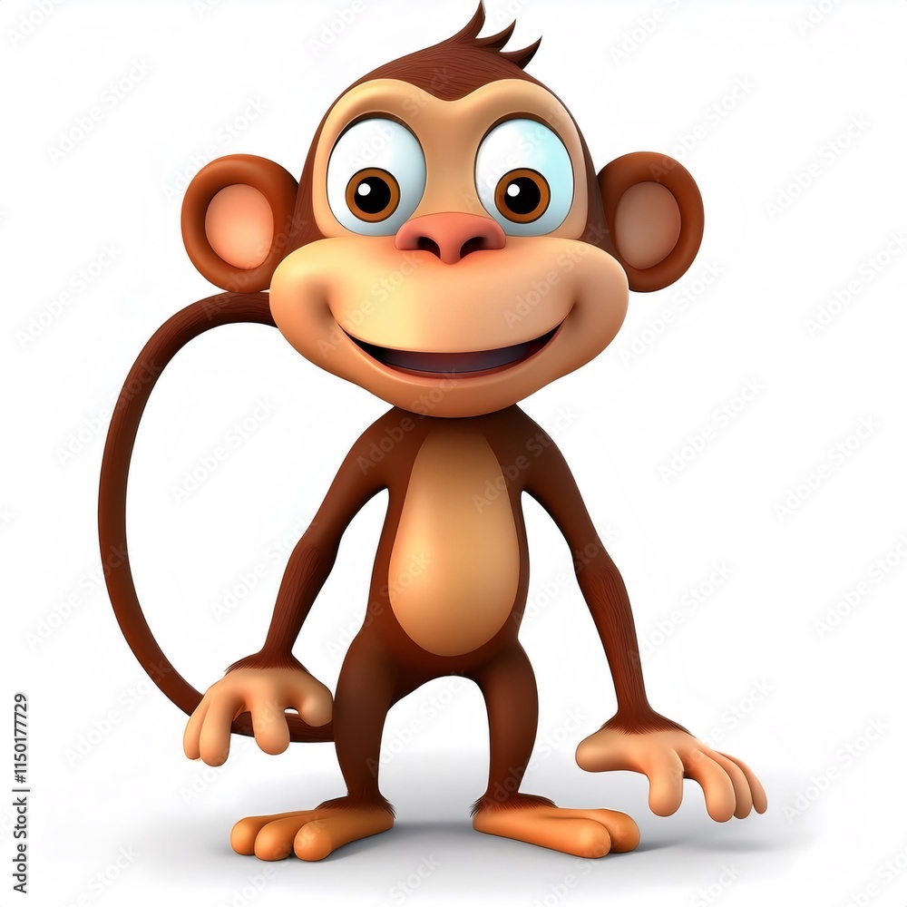 Obraz premium 3D cartoon monkey standing and smiling, isolated on white background with full depth of field