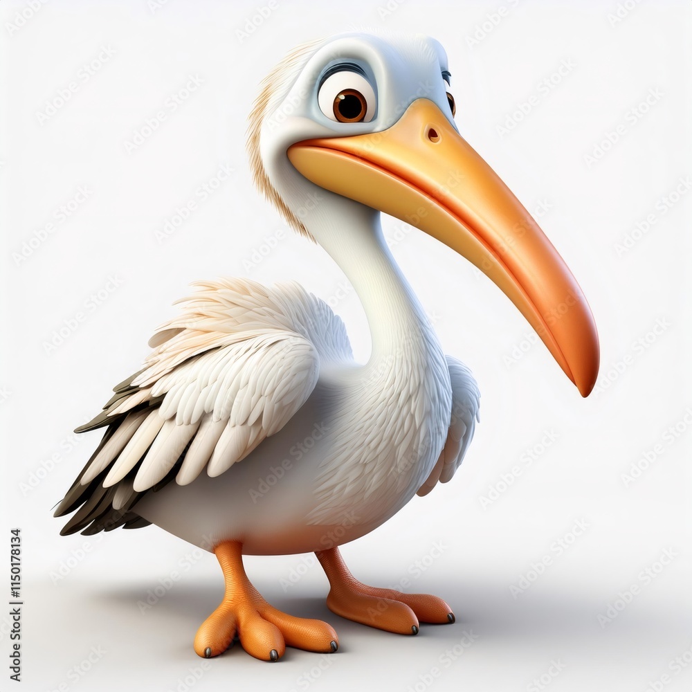 Obraz premium Friendly cartoon pelican standing on a white background, perfect for children's projects, animations, and educational materials