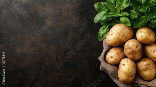 A still-life composition of fresh potatoes piled on a dark background, accented with vibrant basil leaves, emphasizing rustic simplicity and natural ingredients. photo